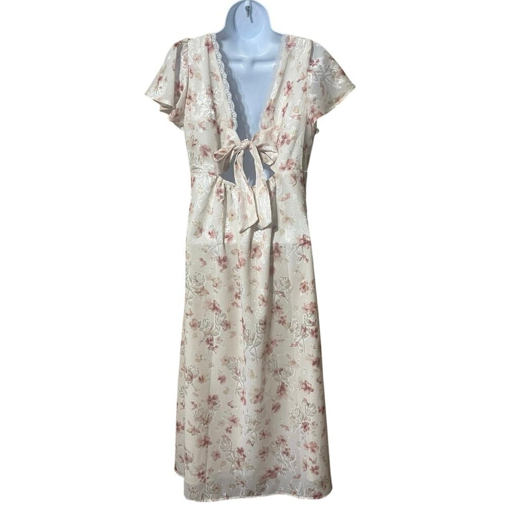 Storia Floral Boho Midi Dress M V-Neck Flutter Sleeve Lace Boho Chic Romantic - Picture 4 of 10